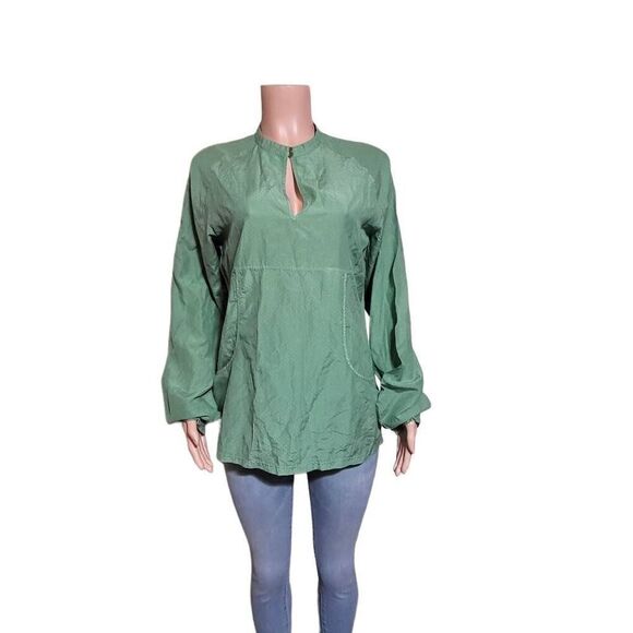 Women peasant mandarin collar spearmint silk boho top casual loose blouse M - Picture 2 of 7